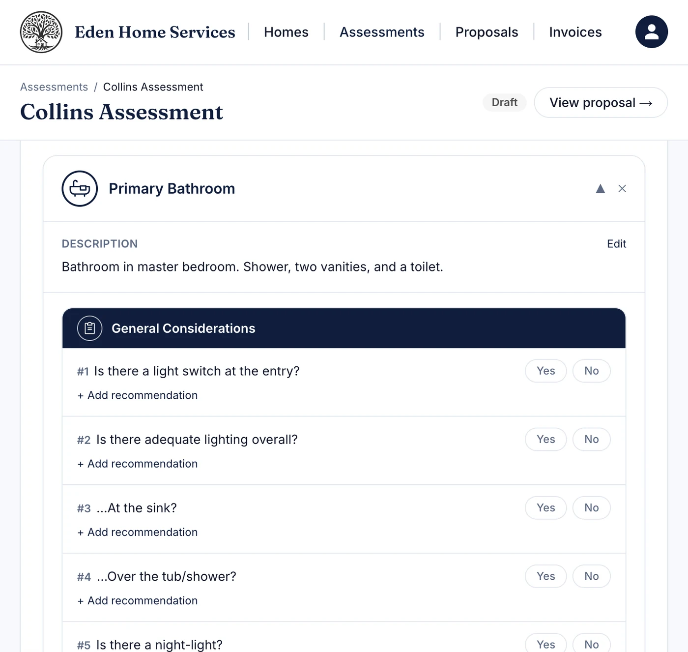 An Eden Home Services assessment on a tablet: a primary bathroom checklist with yes/no answers and a place to add recommendations